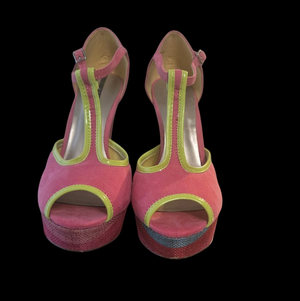 Vibrant Pink and Green Platform Heels